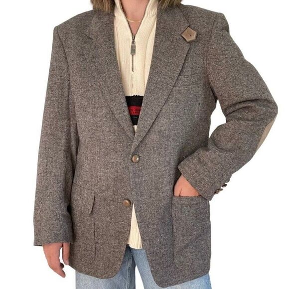 Farah Gray Wool Tweed Elbow Patch Sport Coat Throat Latch Western Blazer Sz 40R